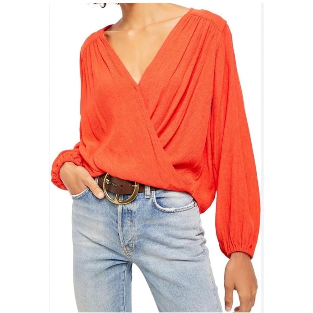 Free People Check On It Orange Red Crinkle Wrap Blouse Long Sleeve Top Size L